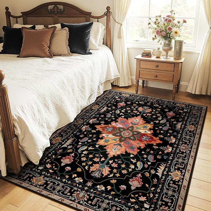 Area Rugs 4'x5' Washable Non-Slip, Floral Vintage Distress Print Pattern by RELEANY