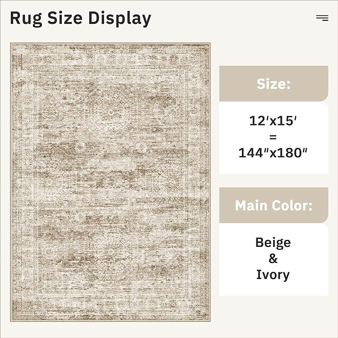 12x15 Washable Area Rug Brown Neutral Abstract Living Room Large Carpet Non - Image 5