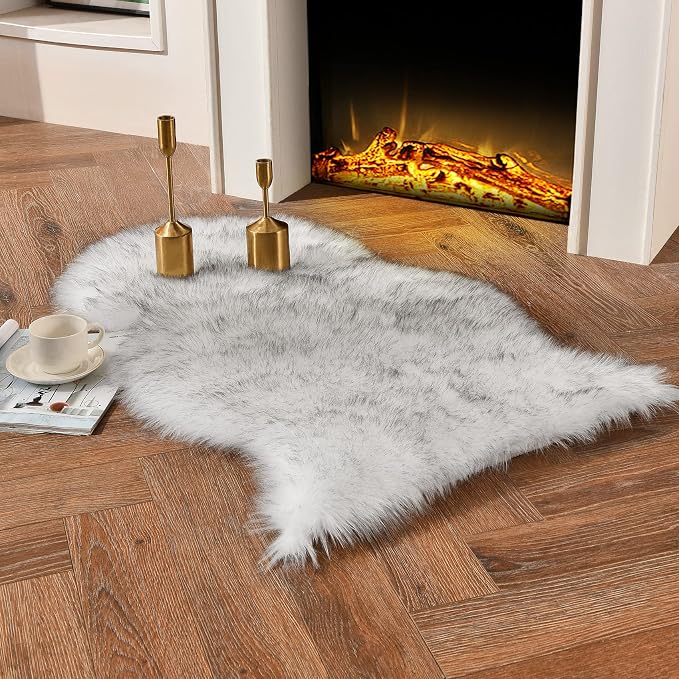 duduta White Black Faux Sheepskin Throw Rug 2x3 ft, Fluffy Shag Fur Chair Cover by duduta