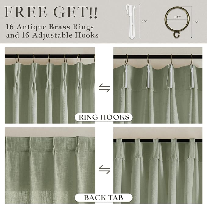 96 Inch Sage Green Linen Pinch Pleated Light Filtering Curtains 2 Panels | - Image 5