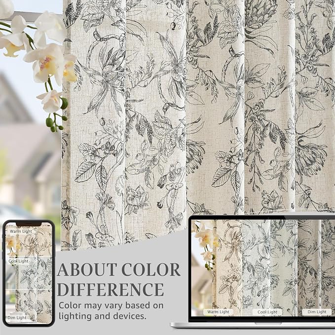 jinchan Floral Curtains 90 Inch Length Black Flower Linen Farmhouse Curtain - Image 6