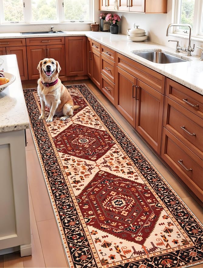 SERISSA Runner Rug for Hallways, Long Boho Rug Vintage Red Black Hallway Stair - Image 2