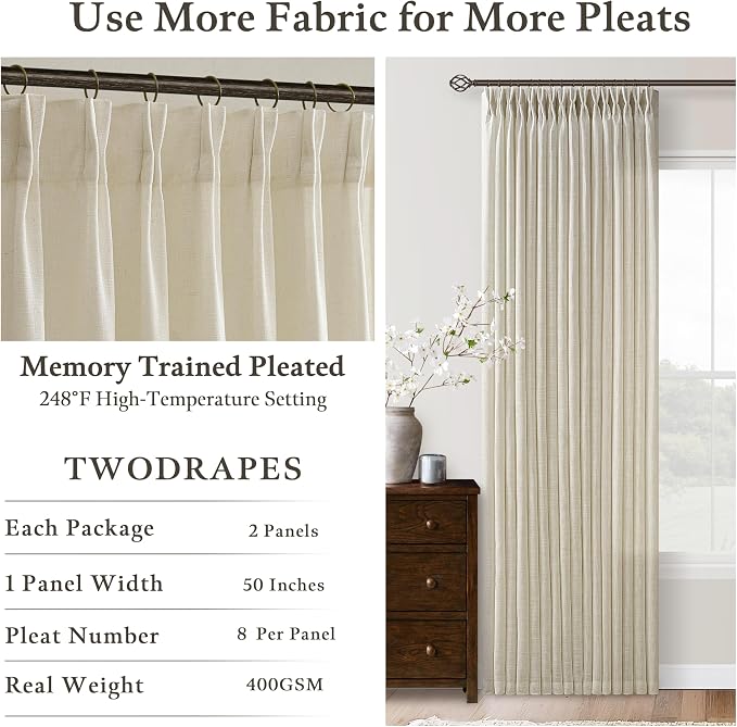 Pinch Pleat 132 Inch Beige Linen Semi Sheer Memory Shaped Boho Curtains 50W | - Image 5