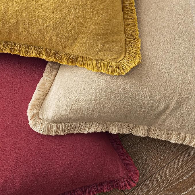 MIULEE Decorative Throw Pillow Covers Neutral Linen Fringe Throw Pillows Euro - Image 4