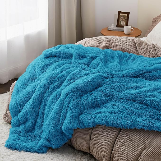 Bedsure GentleSoft Fluffy Bright Blue Blankets Queen Size - Image 6