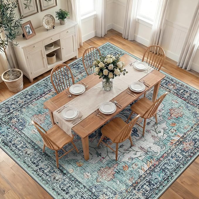 RELEANY Area Rugs Square 10ft Washable Non-Slip, Floral Vintage Distress Print by RELEANY