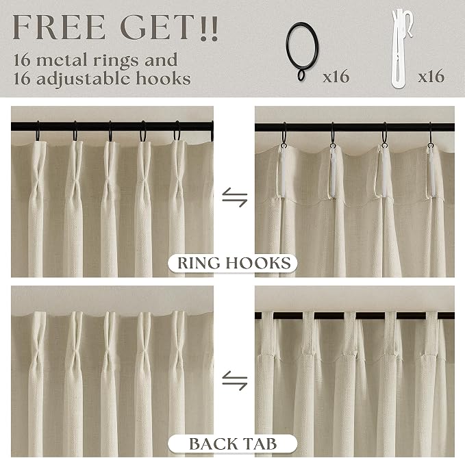 Beige Pinch Pleated Linen Curtains 112 Inches Long 2 Panels | Memory Training - Image 5