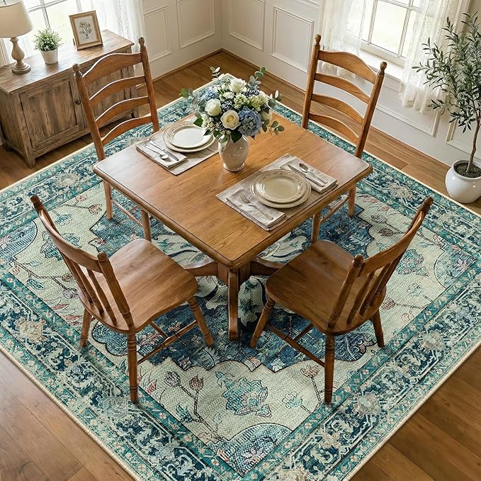 RELEANY Area Rugs Square 8ft Washable Non-Slip, Floral Vintage Distress Print - Image 2