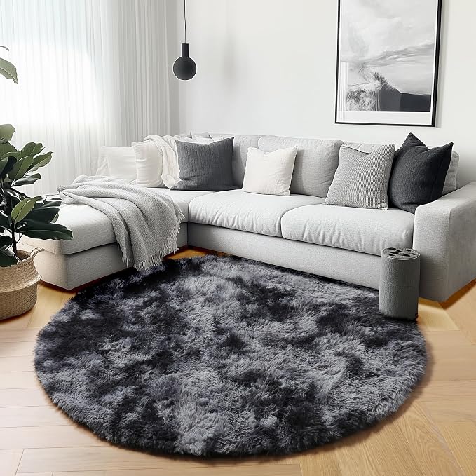 ONASAR Round Rugs 6ft for Living Room Bedroom, Tie-Dyed Dark Grey Fluffy Circle - Image 4