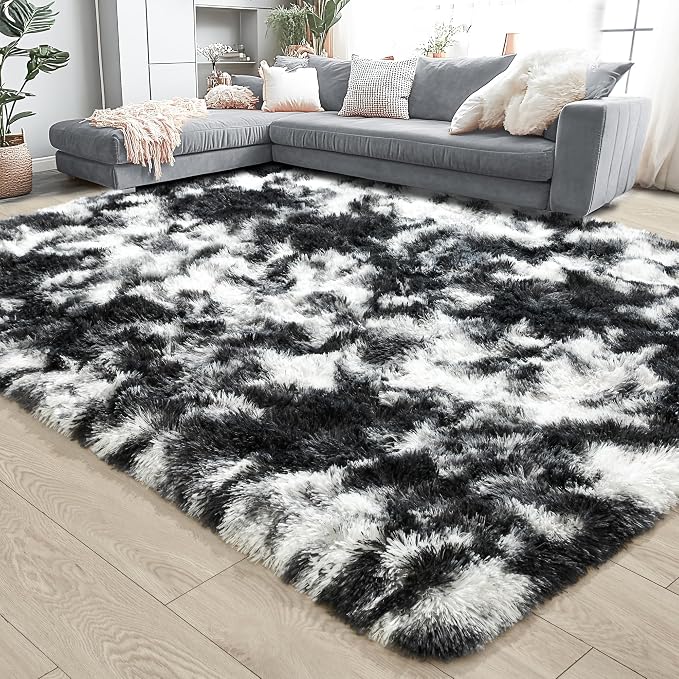 Noahas 4x6 Tie-Dyed Black and White Fluffy Area Rug Non-Slip - Image 3