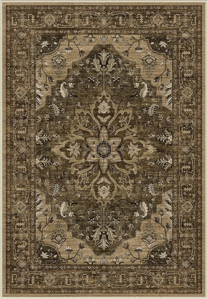 Area Rugs Round 6ft Washable Non-Slip, Floral Vintage Distress Print Pattern by RELEANY