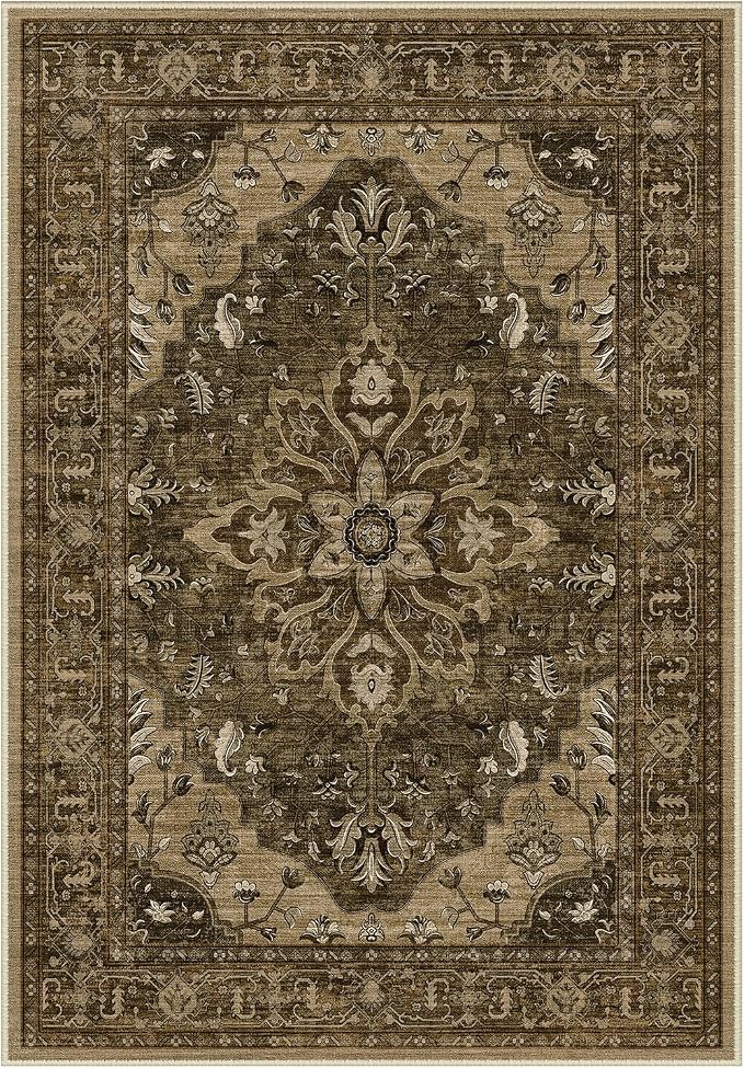 Area Rugs Round 8ft Washable Non-Slip, Floral Vintage Distress Print Pattern by RELEANY