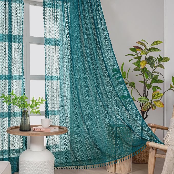 WAZZIO Boho Lace Curtains 63 Inches 2 Panel, Light Filtering Privacy Tassel & - Image 6