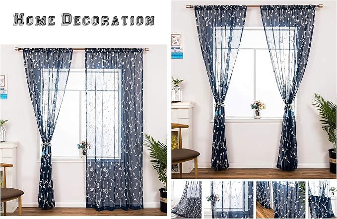 AmHoo 2 Panels Embroidered Leaf Pattern Semi Sheer Curtains Foliage Floral - Image 5