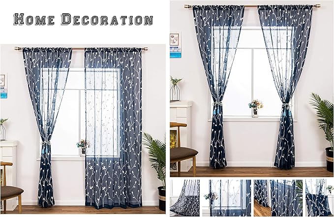 AmHoo 2 Panels Embroidered Leaf Pattern Semi Sheer Curtains Foliage Floral - Image 5