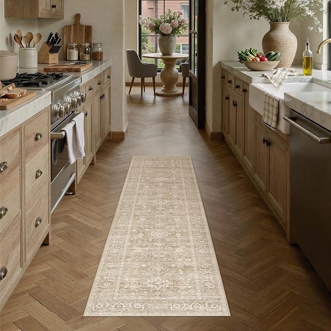 2x6 Washable Runner Rug for Hallway Kitchen Vintage Beige Non Slip Low Pile - Image 3
