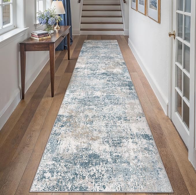 Blue 2x8 Runner Rug Washablel Abstract Hallway Carpet Modern Neutral Non Slip - Image 3