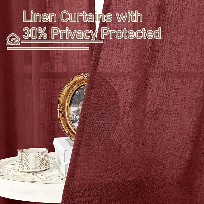 Burgundy Red Linen Curtains 48 Inch Length 2 Panels, Light Filtering Semi Sheer - Image 6