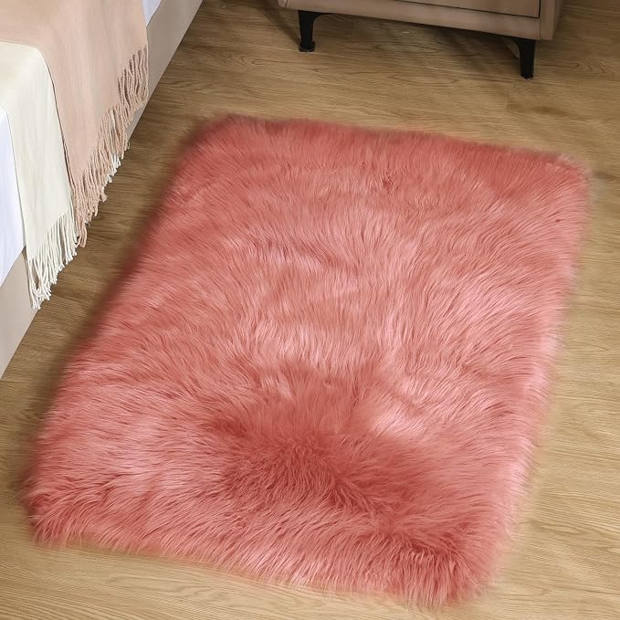 Goolela Pink Fluffy Fur Rug Fuzzy Furry Faux Sheepskin Pink Carpet 2x3 - Image 7