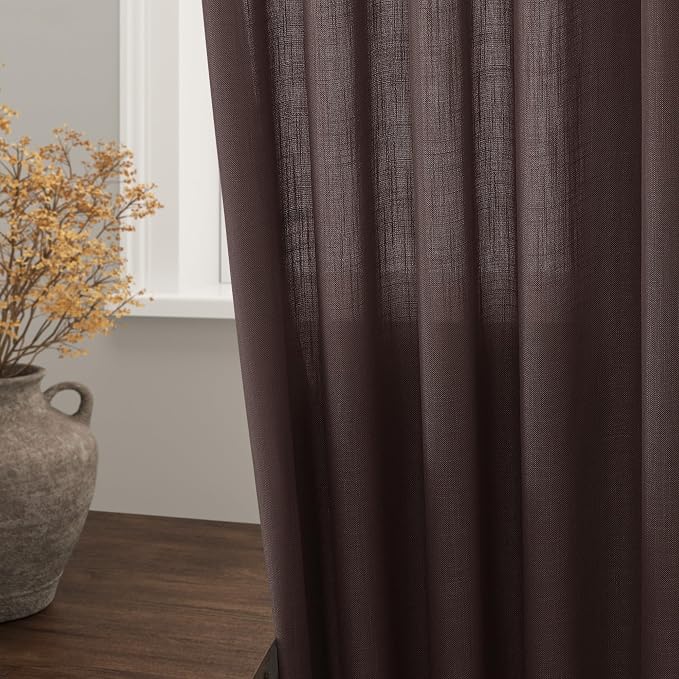 Nanspring Coffee Linen Semi Sheer Curtains 108 Inches Long 2 Panels Set Back - Image 2