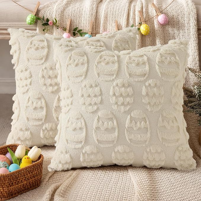 decorUhome Easter Beige Egg Pillow Covers 20x20 Inch Set of 2, Soft Plush Faux - Image 4