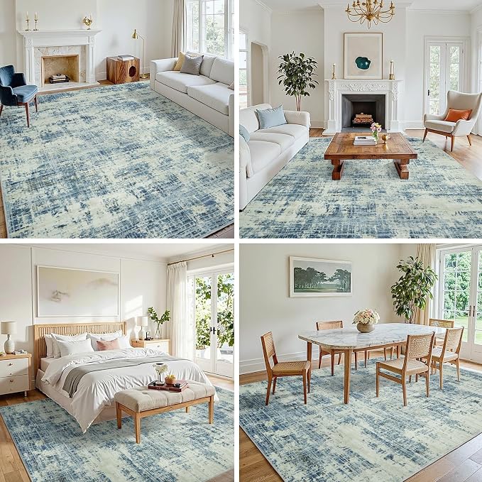 10x14 Washable Area Rug for Living Room Bedroom: Non-Slip Modern Blue Gray | - Image 3