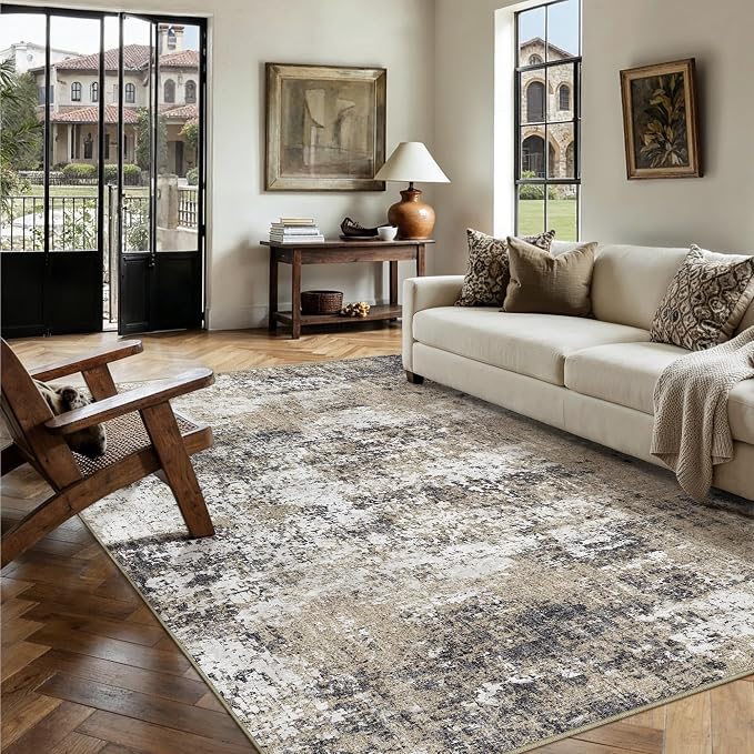 PureCozy 4x6 Abstract Area Rug Brown Washable Modern Neutral Office Carpet Non - Image 4