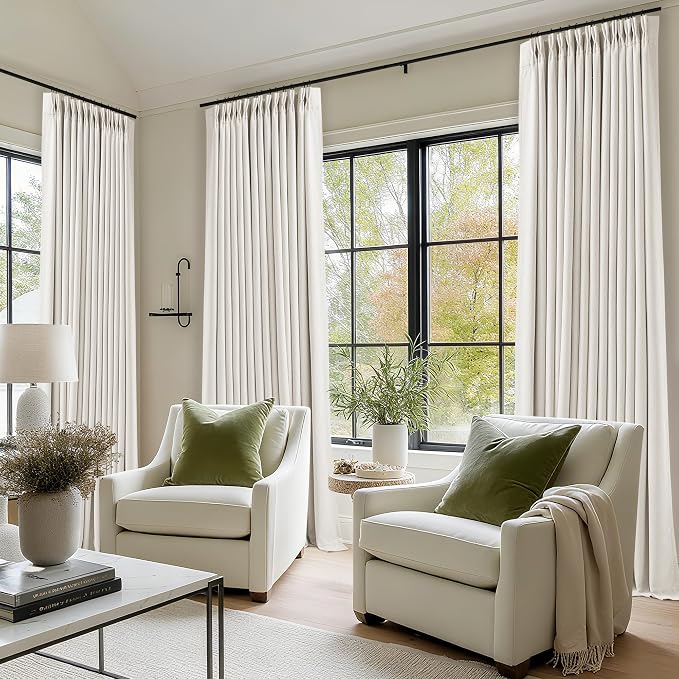 Ivory White Pleated 100% Blackout Linen Curtains 96 Inches Long 2 Panels | - Image 7