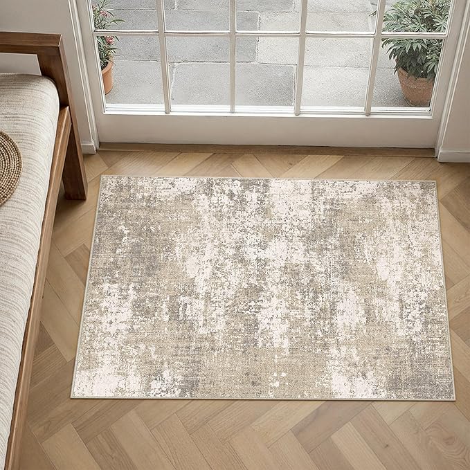 PureCozy Beige Area Rug 2x3 Machine Washable Modern Abstract Entryway Carpet by PureCozy