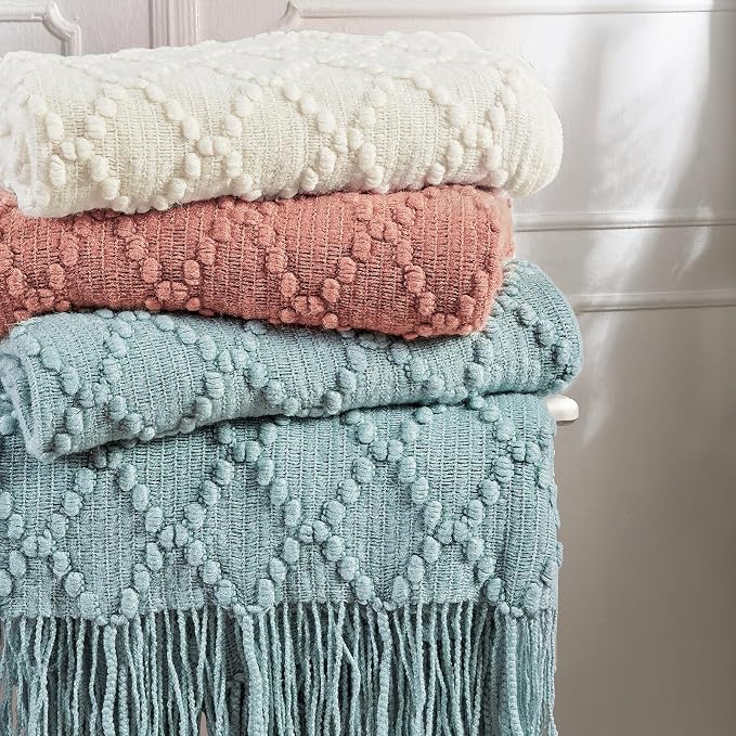 BOURINA Coral Pink Throw Blanket 50 x70 Inches Jacquard Argyle Throw Textured - Image 6