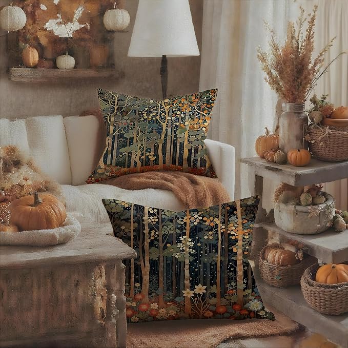 Rustic William Morris Inspired Autumn Forest Decor Throw Pillow Covers 18x18 - Image 3