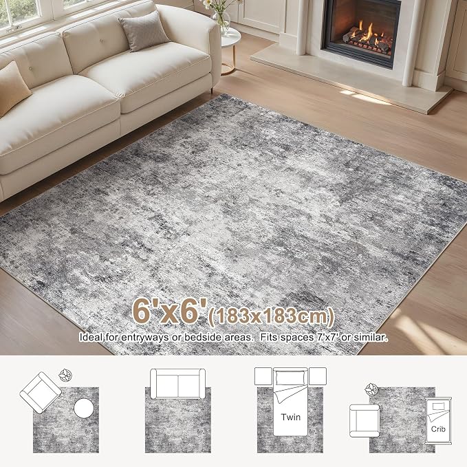 UERMEI Square Area Rugs : Washable 6x6 Neutral Modern Abstract Carpet - Image 2