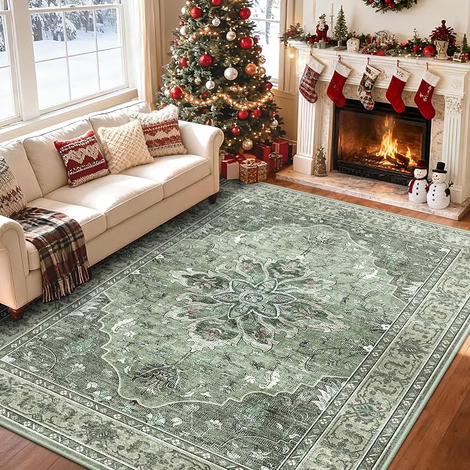 Area Rugs 9'x12' Washable Non-Slip, Floral Vintage Distress Print Pattern - Image 2
