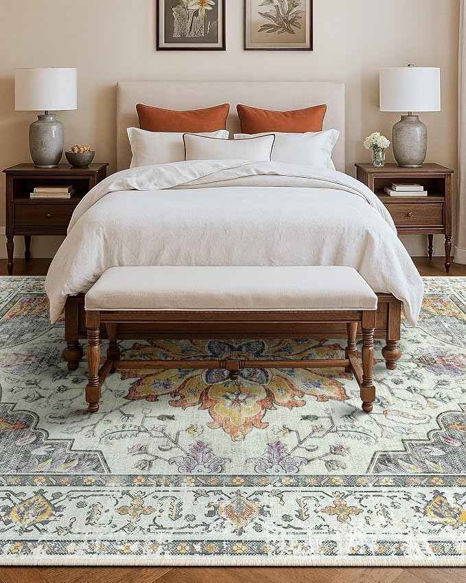 Area Rugs 9'x12' Washable Non-Slip, Floral Vintage Distress Print Pattern - Image 8