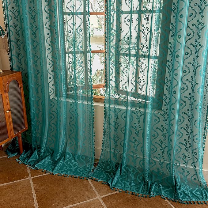 WAZZIO Boho Lace Curtains 2 Panels 96 Inch -Victorian Sheer Panel Drape French - Image 5