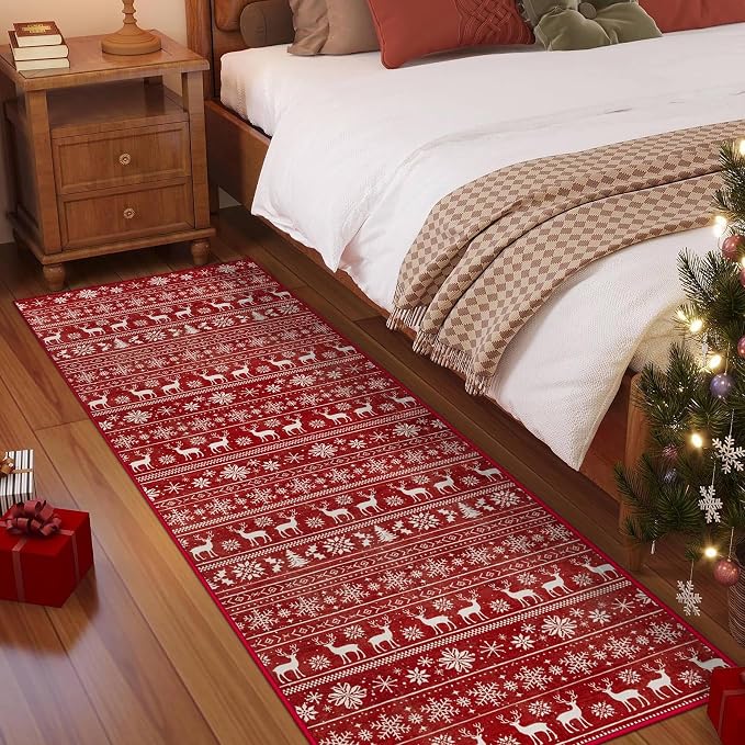 Christmas Runner Rug 2x6 Washable Rugs, Boho Christmas Tree Snowflake Rug - Image 3
