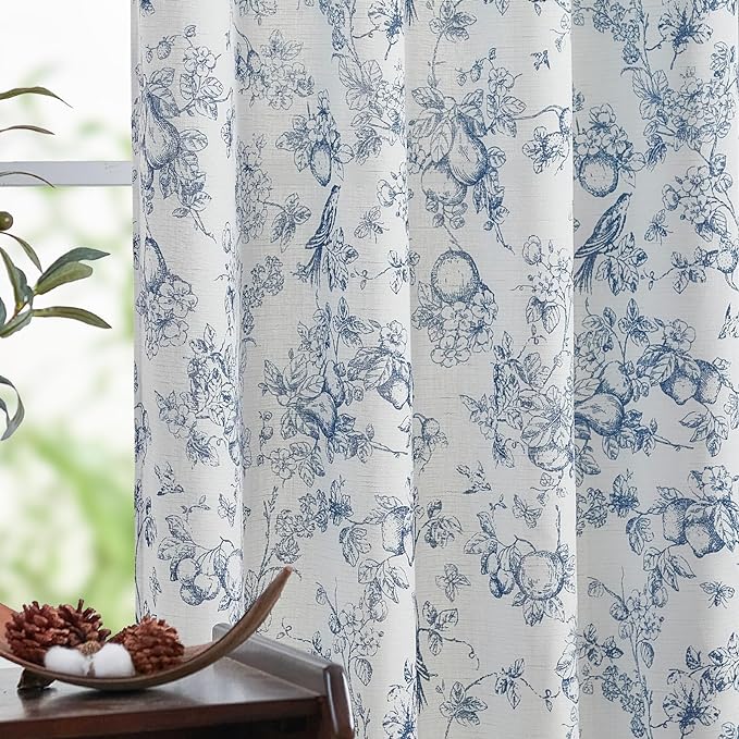 jinchan Linen Floral Curtains for Living Room 96 Inch Length Blue Printed by JINCHAN