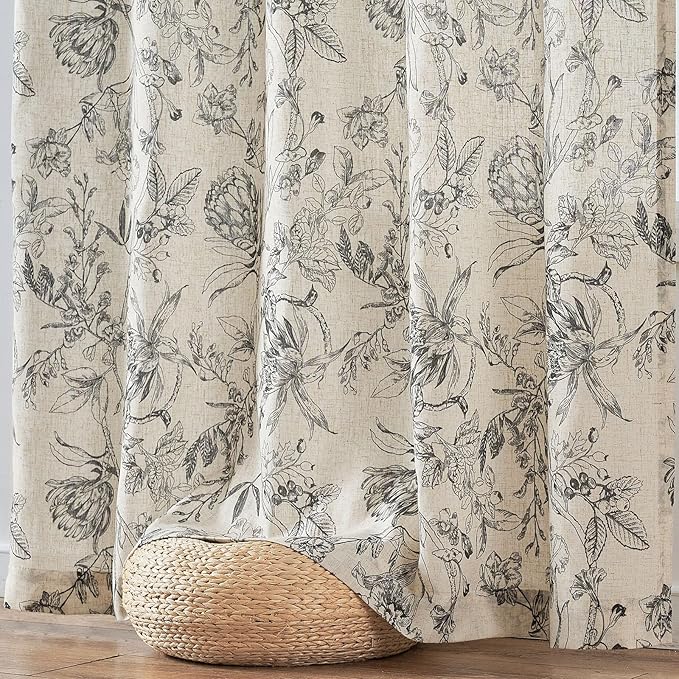 jinchan Floral Curtains 90 Inch Length Black Flower Linen Farmhouse Curtain - Image 7