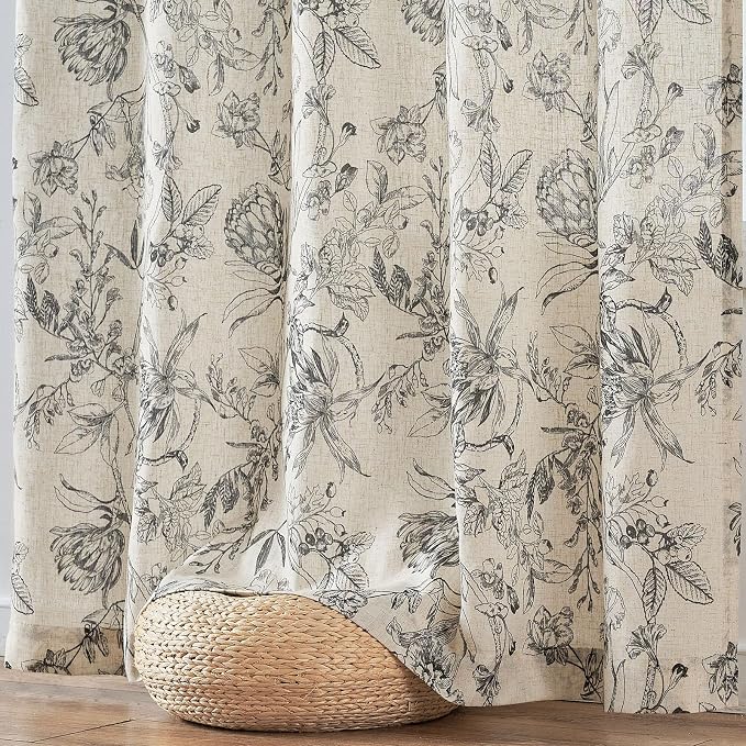 jinchan Floral Curtains 108 Inch Length Black Flower Linen Farmhouse Curtain - Image 7