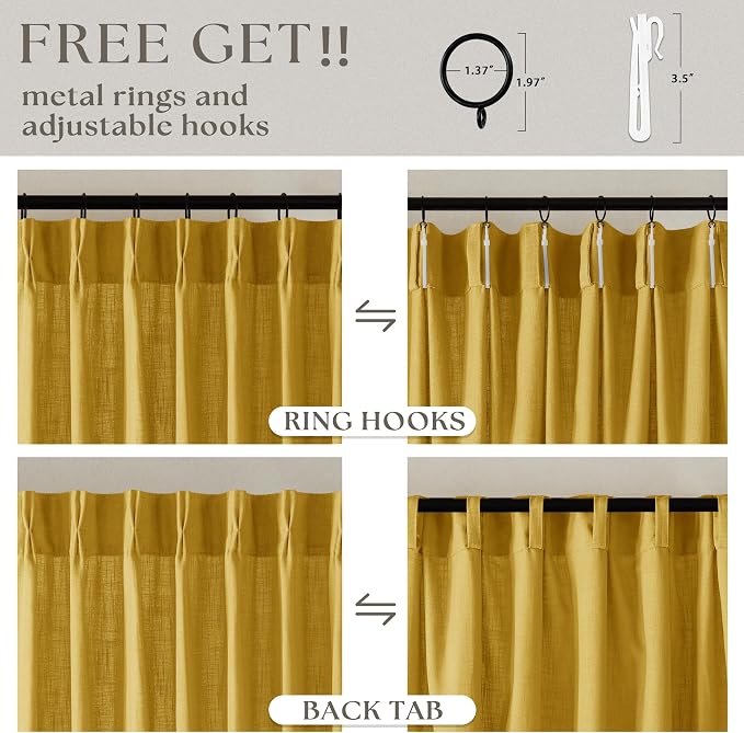 Mustard Yellow Pleated Semi Sheer Linen Curtains 120 Inches Long 2 Panel | - Image 5