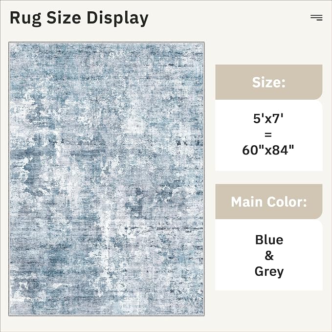 Abstract Rug 5x7 Machine Washable Area Indoor Blue Low Pile Non-Slip Foldable - Image 5