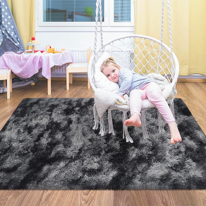 Small Tie-Dyed Area Rug for Bedroom 3x5 Mini Black Grey Fluffy Rug Mat Bedside - Image 5