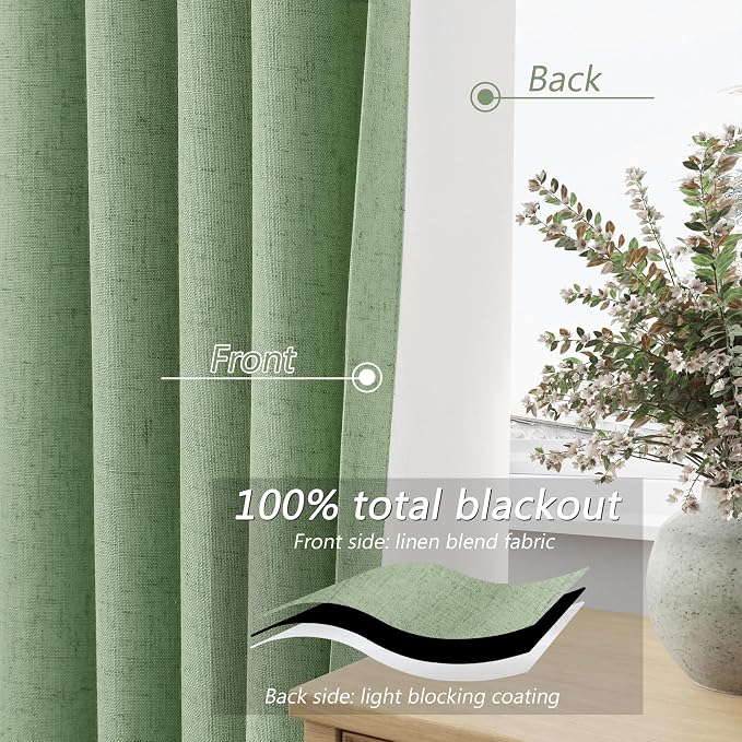 Guken Light Sage 100% Blackout Linen Curtains 63 Inch Length 2 Panels Set - Image 4