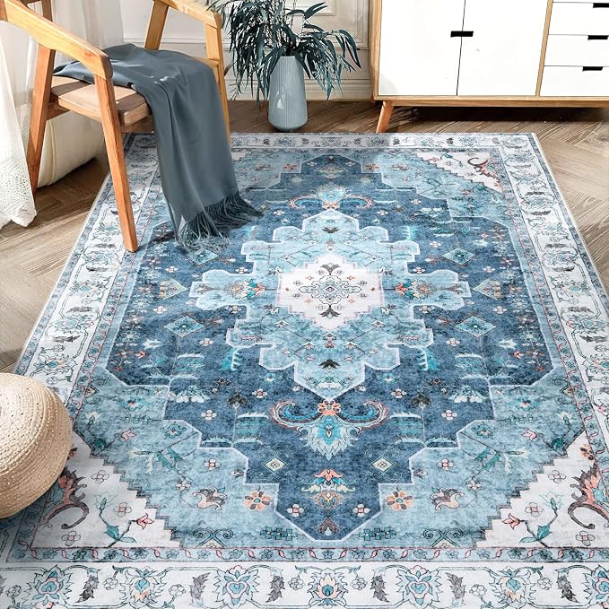 SERISSA Boho Area Rug 5x7 Blue, Washable Large Rugs by SERISSAHomeDecorCollection