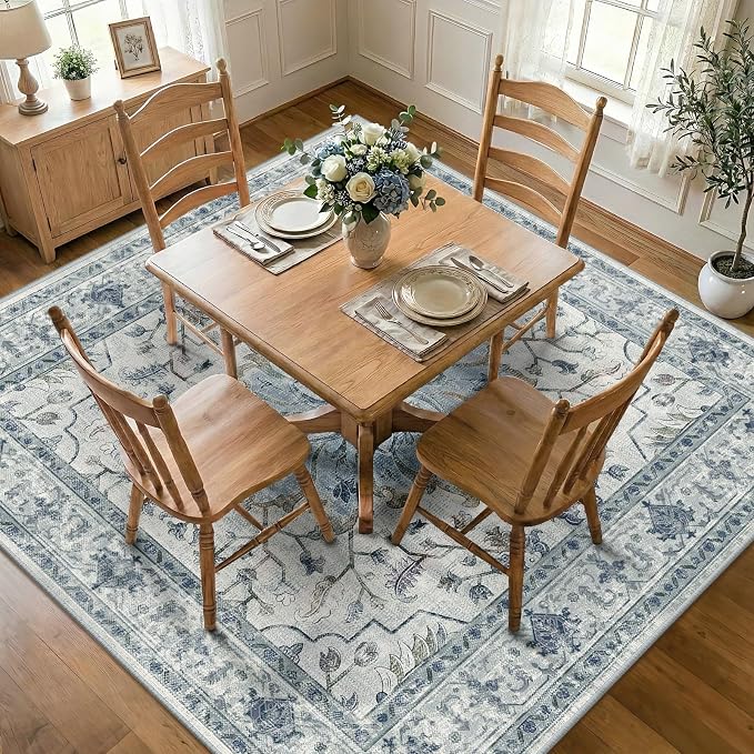 Area Rugs Square 7ft Washable Non-Slip, Floral Vintage Distress Print Pattern by RELEANY