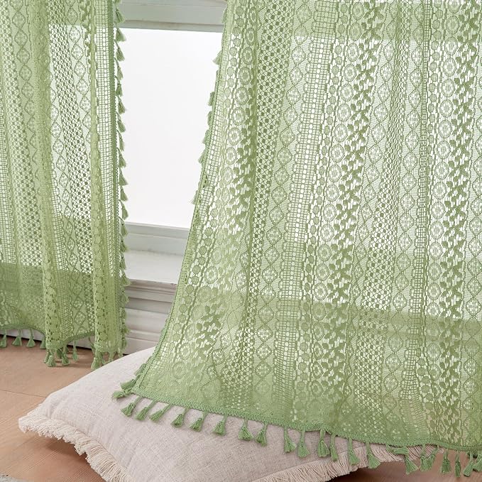 WAZZIO Boho Lace Curtains 63 Inches 2 Panel, Light Filtering Privacy Tassel & - Image 7