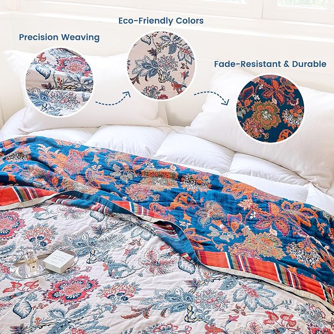 MSGKV Boho Throw Blanket 90"x108" 100% Cotton Floral Blanket - Image 3