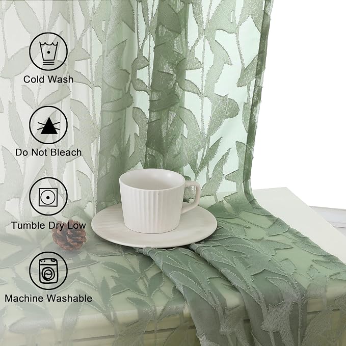 Lecloud Leia Sage Green Semi Sheer Curtains 54 Inch Length 2 Panels, Jacquard - Image 3