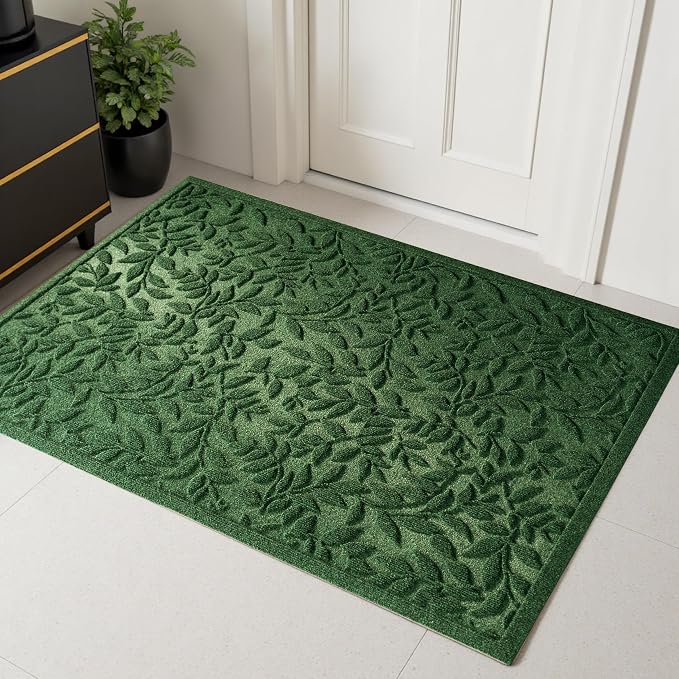 Green Leaves Outdoor Indoor Entrance Door mat, Absorbent Durable Heavy Duty by VivaNest