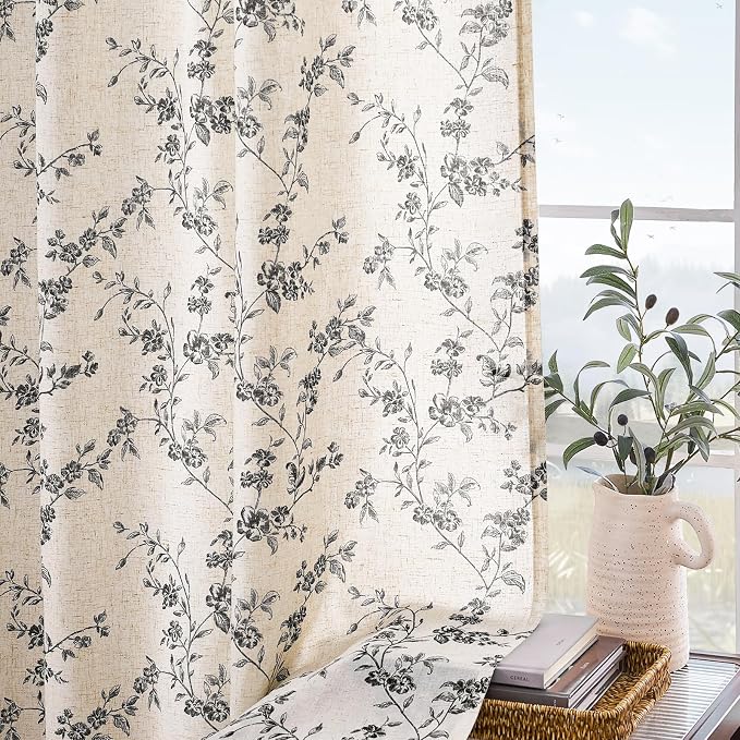 Lazzzy Farmhouse Linen Curtains Black Floral Curtains 96 Inch Length Back Tab - Image 8